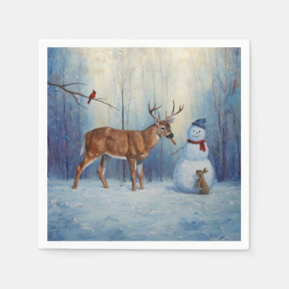 Deer and Happy Snowman Winter Holiday Scene Napkins