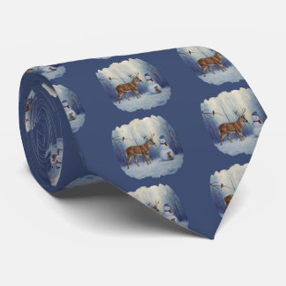 Deer and Happy Snowman Winter Holiday Scene Neck Tie