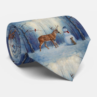 Deer and Happy Snowman Winter Holiday Scene Neck Tie