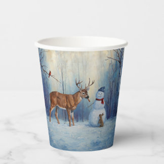 Deer and Happy Snowman Winter Holiday Scene Paper Cups