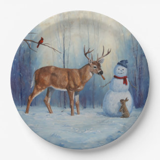Deer and Happy Snowman Winter Holiday Scene Paper Plates