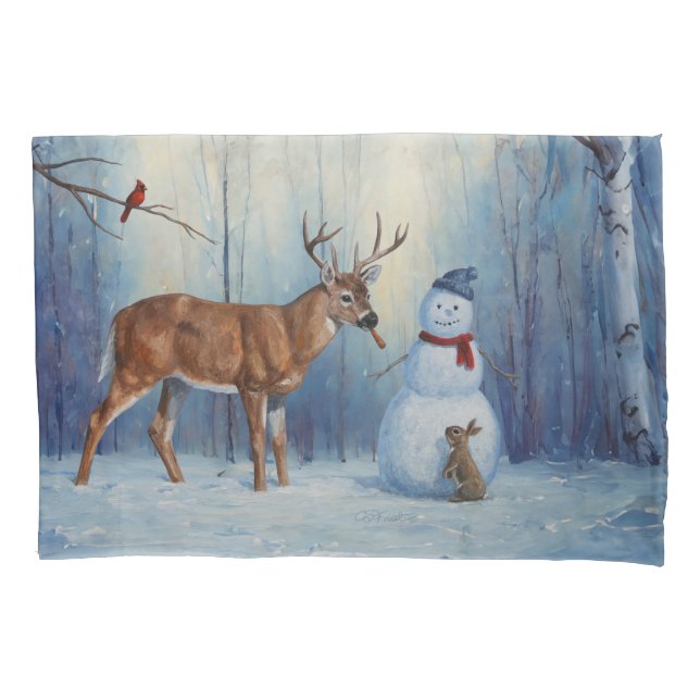 Deer and Happy Snowman Winter Holiday Scene Pillow Case (Front-Left)