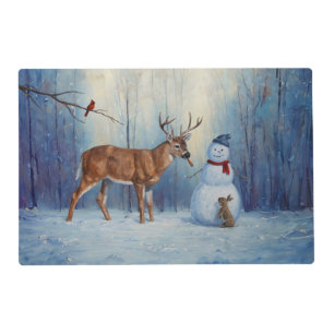 Deer and Happy Snowman Winter Holiday Scene Placemat
