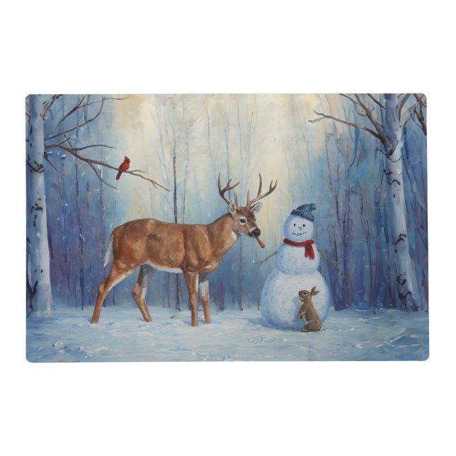 Deer and Happy Snowman Winter Holiday Scene Placemat (Front)