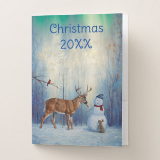 Deer and Happy Snowman Winter Holiday Scene Pocket Folder