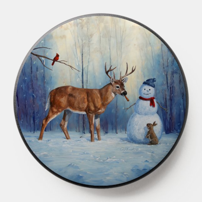 Deer and Happy Snowman Winter Holiday Scene PopSocket (Popsocket)