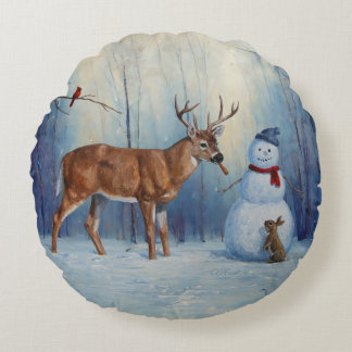 Deer and Happy Snowman Winter Holiday Scene Round Pillow