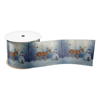 Deer and Happy Snowman Winter Holiday Scene Satin Ribbon