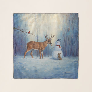 Deer and Happy Snowman Winter Holiday Scene Scarf