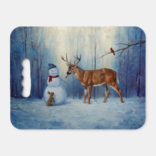 Deer and Happy Snowman Winter Holiday Scene Seat Cushion