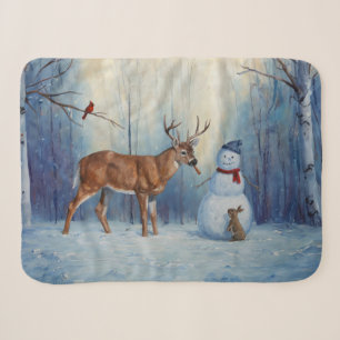 Deer and Happy Snowman Winter Holiday Scene Sherpa Blanket