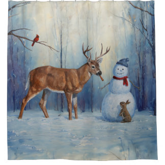 Deer and Happy Snowman Winter Holiday Scene Shower Curtain