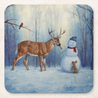 Deer and Happy Snowman Winter Holiday Scene Square Paper Coaster