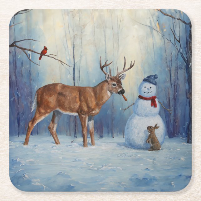 Deer and Happy Snowman Winter Holiday Scene Square Paper Coaster (Front)