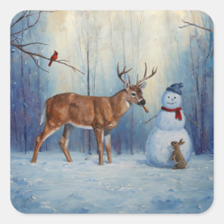 Deer and Happy Snowman Winter Holiday Scene Square Sticker