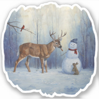 Deer and Happy Snowman Winter Holiday Scene Sticker