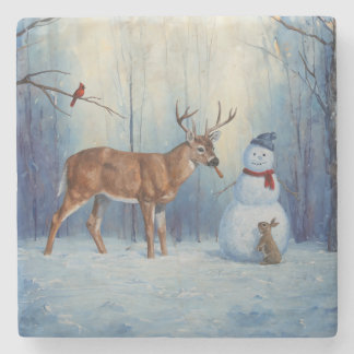 Deer and Happy Snowman Winter Holiday Scene Stone Coaster