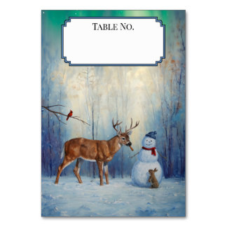 Deer and Happy Snowman Winter Holiday Scene Table Number