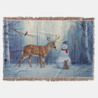 Deer and Happy Snowman Winter Holiday Scene Throw Blanket