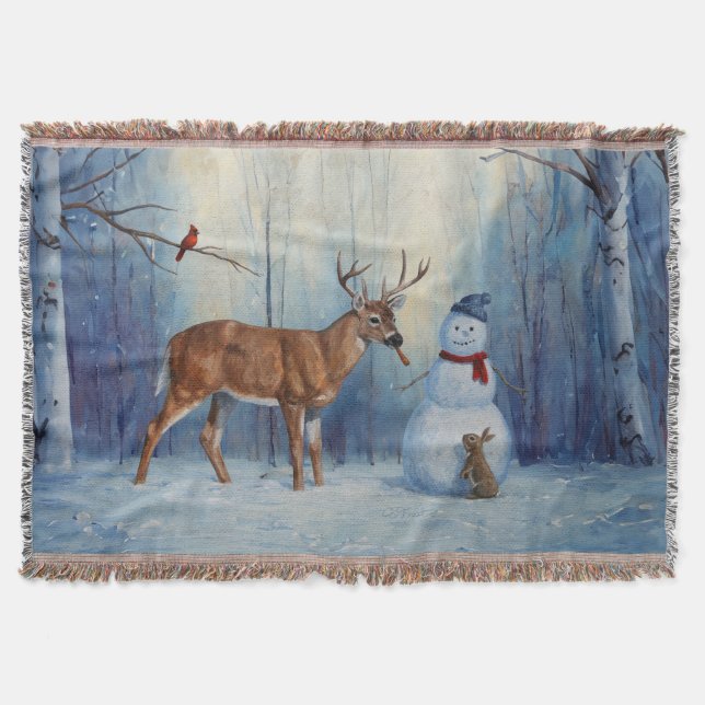 Deer and Happy Snowman Winter Holiday Scene Throw Blanket (Front)