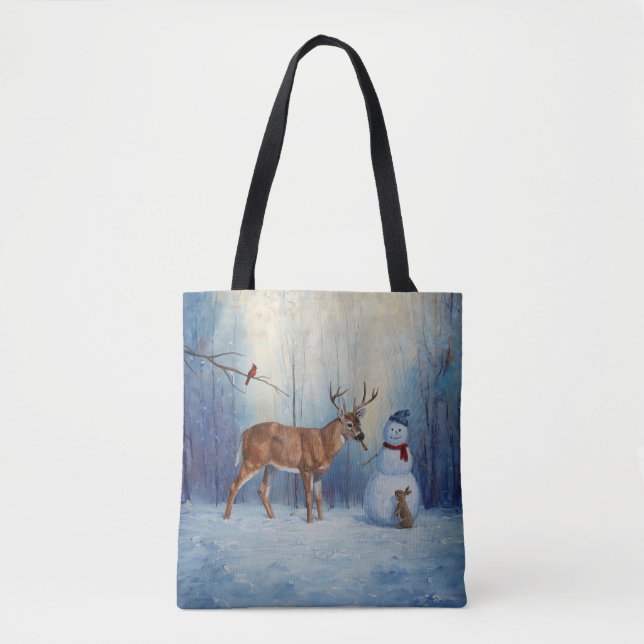 Deer and Happy Snowman Winter Holiday Scene Tote Bag (Front)