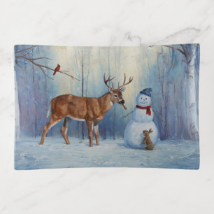 Deer and Happy Snowman Winter Holiday Scene Trinket Tray