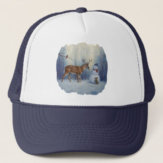 Deer and Happy Snowman Winter Holiday Scene Trucker Hat