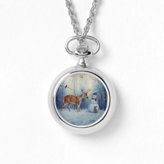 Deer and Happy Snowman Winter Holiday Scene Watch
