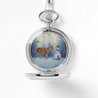 Deer and Happy Snowman Winter Holiday Scene Watch