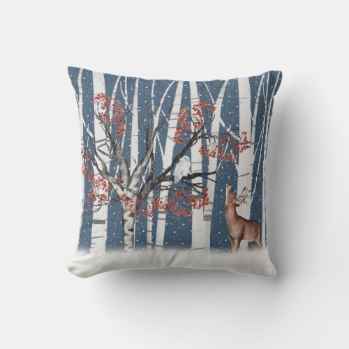 Deer And Owl In Birch Tree Forest Throw Pillow