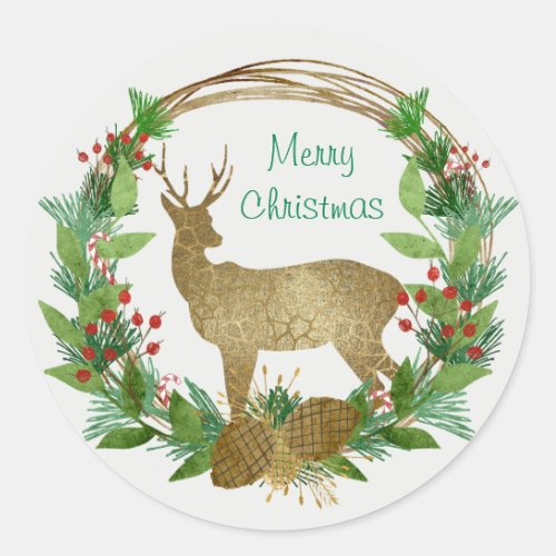 Deer and Pine Bough Merry Christmas Wreath Classic Round Sticker