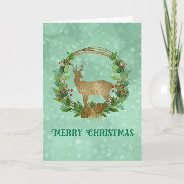 Deer and Pine Bough Wreath Merry Christmas Holiday Card (Front)