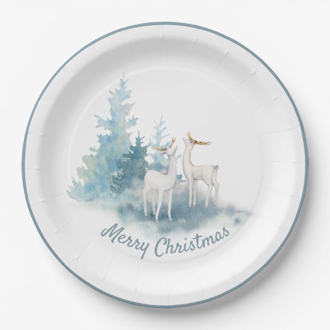 Deer and Pine Trees Holiday  Paper Plate (Front)