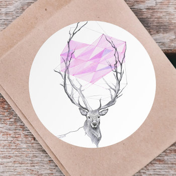 Deer And Pink Geometric Heart Drawing Animal Art Classic Round Sticker by EDrawings38 at Zazzle