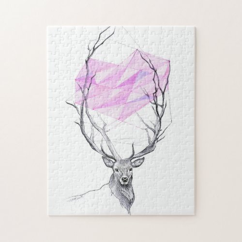 Deer and pink geometric heart drawing Animal art Jigsaw Puzzle