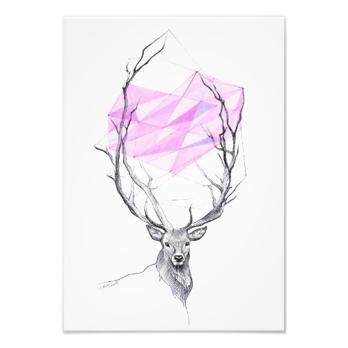 Deer and pink geometric heart drawing Animal art Photo Print