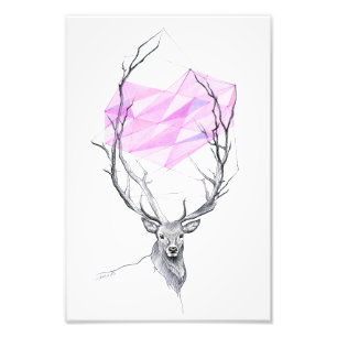 Deer and pink geometric heart drawing Animal art Photo Print