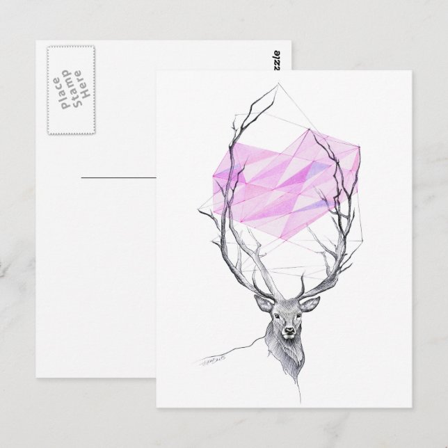 Deer and pink geometric heart drawing Animal art Postcard (Front/Back)