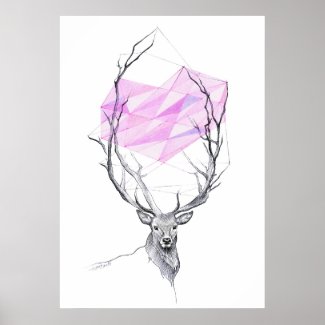 Deer and pink geometric heart drawing Animal art Poster