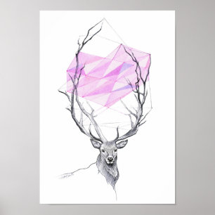 Deer and pink geometric heart drawing Animal art Poster