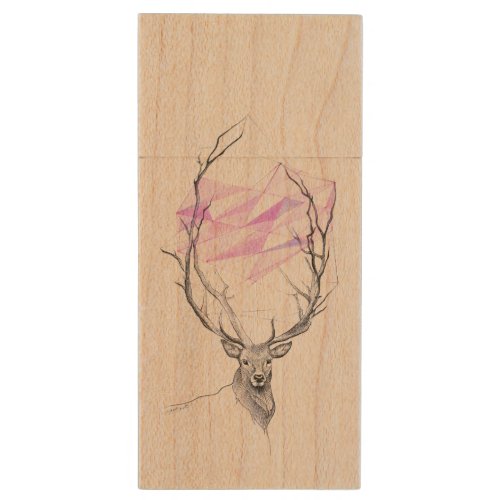 Deer and pink geometric heart drawing Animal art Wood Flash Drive