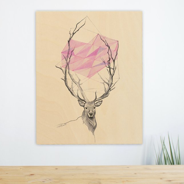 Deer and pink geometric heart drawing Animal  Wood Wall Decor (Creator Uploaded)