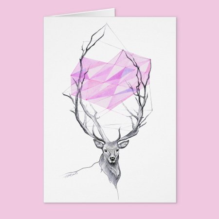 Deer And Pink Geometric Heart Drawing Art Card
