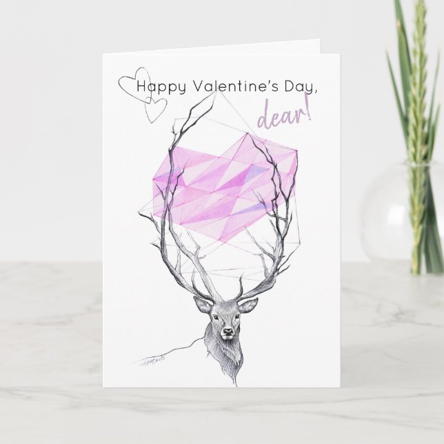 Deer and pink geometric heart Valentines day Holiday Card (Front)