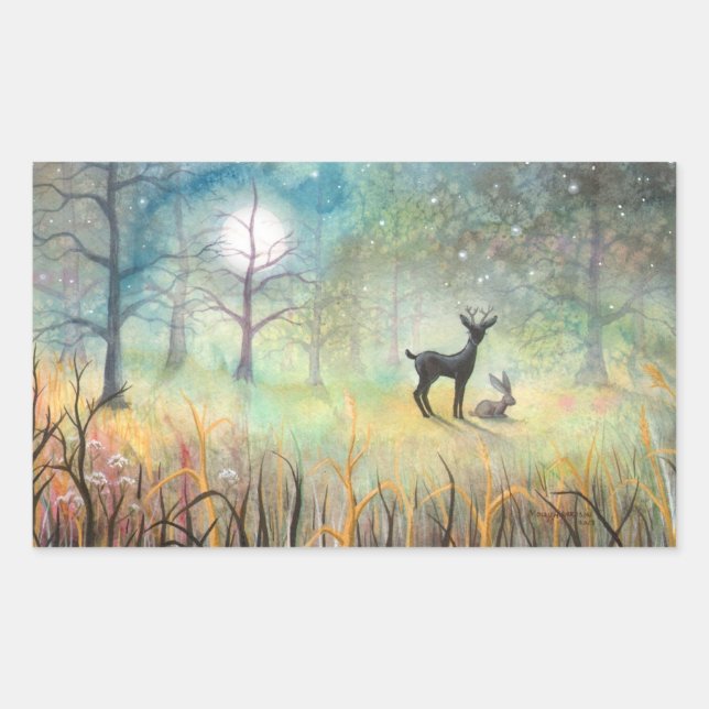 Deer and Rabbit Fantasy Wildlife Art Rectangular Sticker (Front)