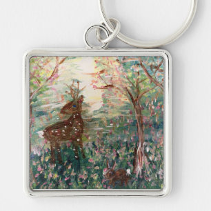 Deer and rabbit in the woods Keychain