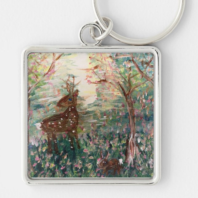 Deer and rabbit in the woods Keychain (Front)