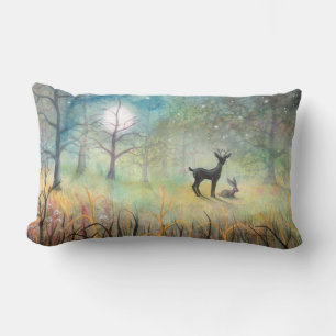 Deer and Rabbit Watercolor Fantasy Wildlife Art Lumbar Pillow