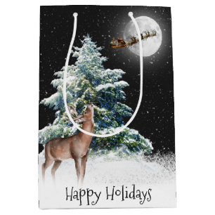 Deer and Santa In Sleigh Medium Gift Bag