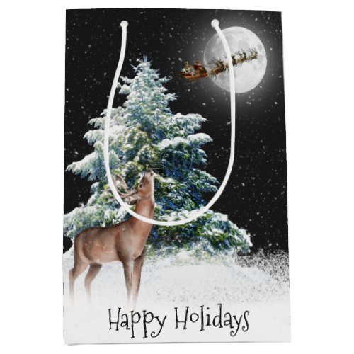 Deer and Santa In Sleigh  Medium Gift Bag